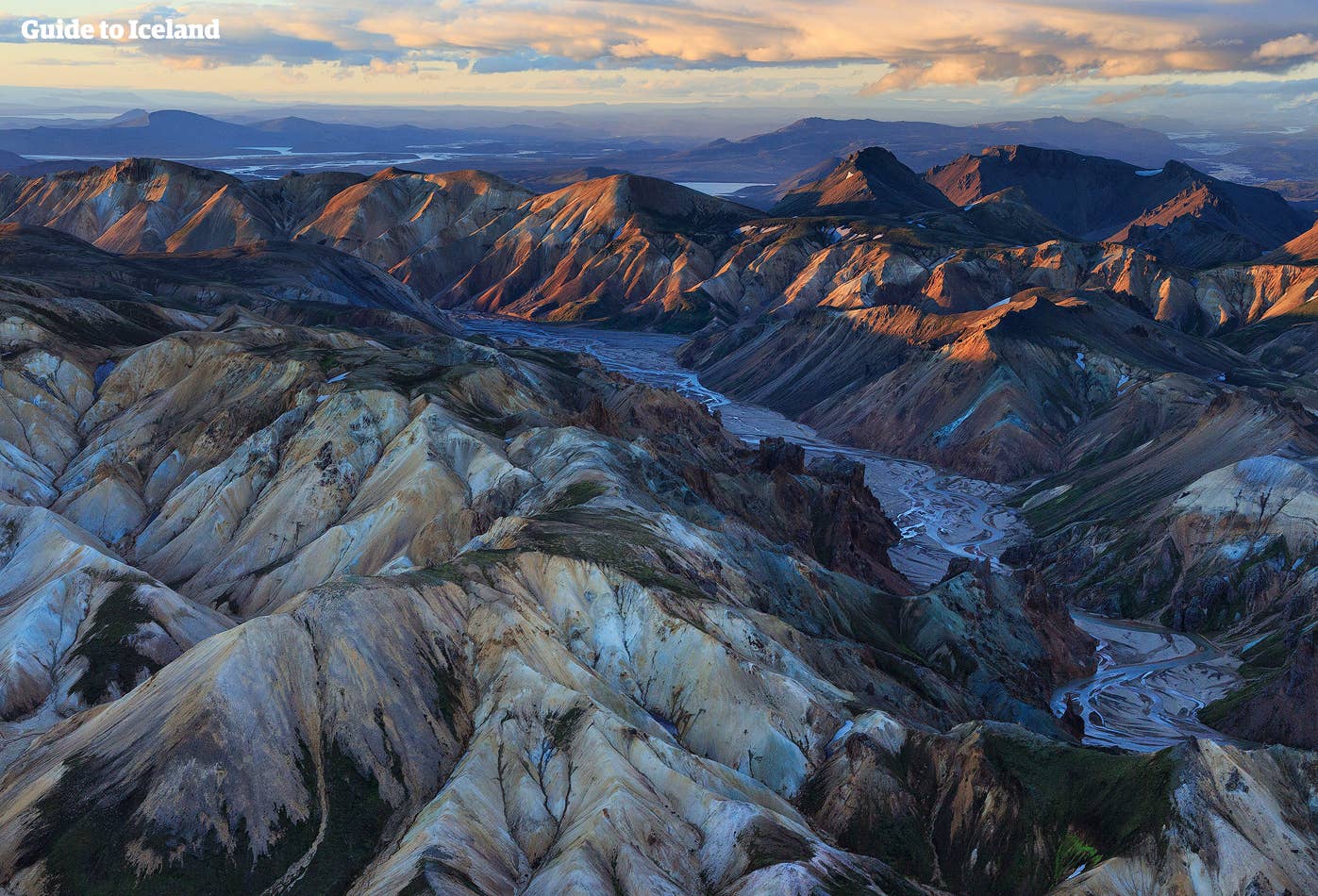 The rugged landscape of Landmannalaugar seen from a helicopter in Iceland