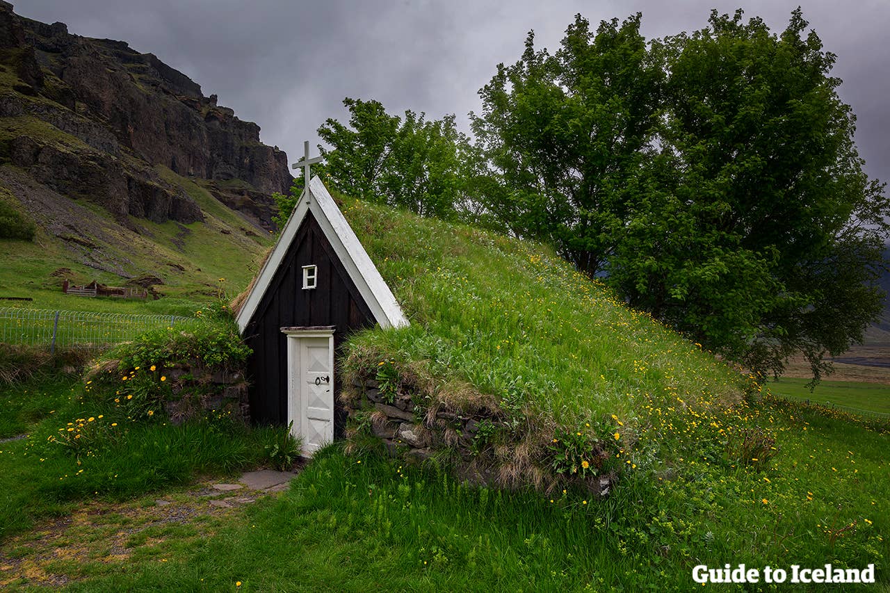 An old turf church in the south of Iceland