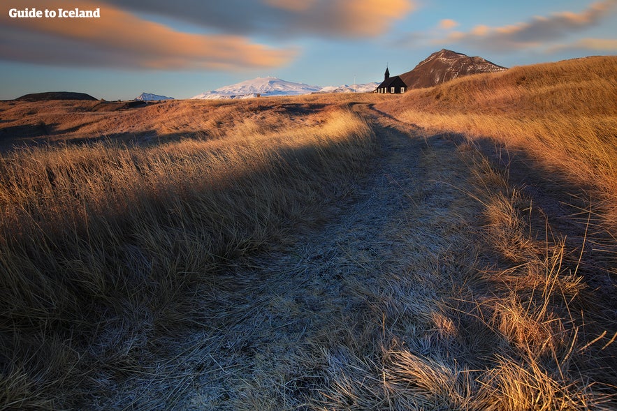 Snæfellsjökull glacier from distance, as seen from Budir.