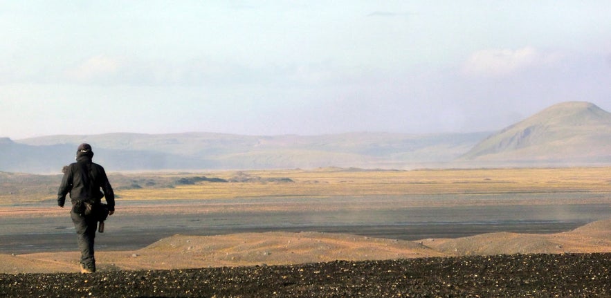 Green mountain and black sands in Iceland 