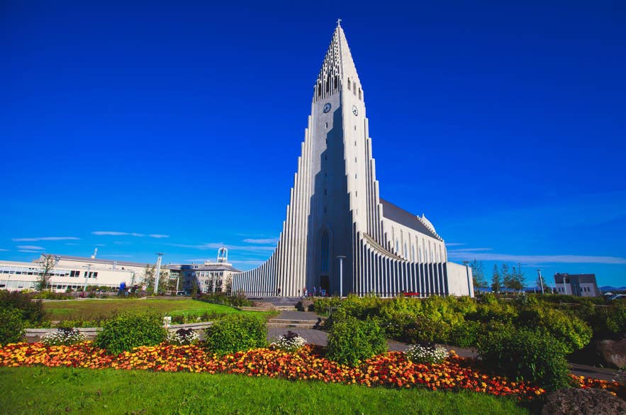 Hallgrimskirkja church towering over downtown Reykjavik