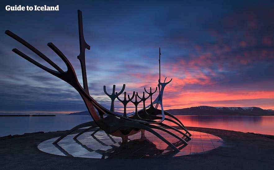 The Sun Voyager steel sculpture on the Reykjavik waterfront at sunset