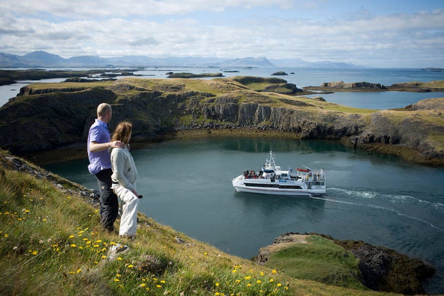 The Viking Sushi food tour boat sailing among the islands of Breidafjordur bay near Stykkisholmur.