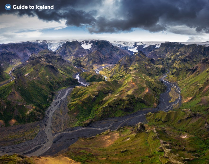 The stunning mountain peaks of the Thorsmork Valley.