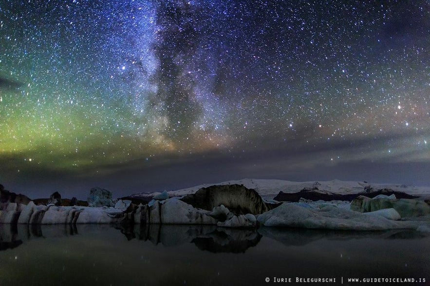 Northern lights and milky way by Jökulsárlón glacier lagoon