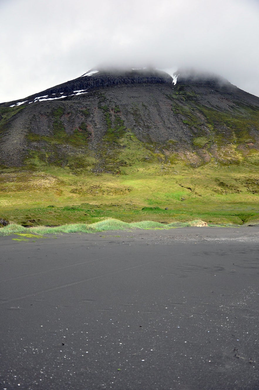 The Gerdir mountain peak covered in mist.