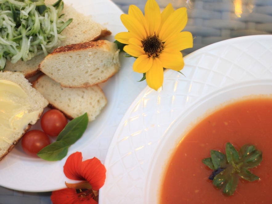 Soup, bread and cucumber salsa at Friðheimar