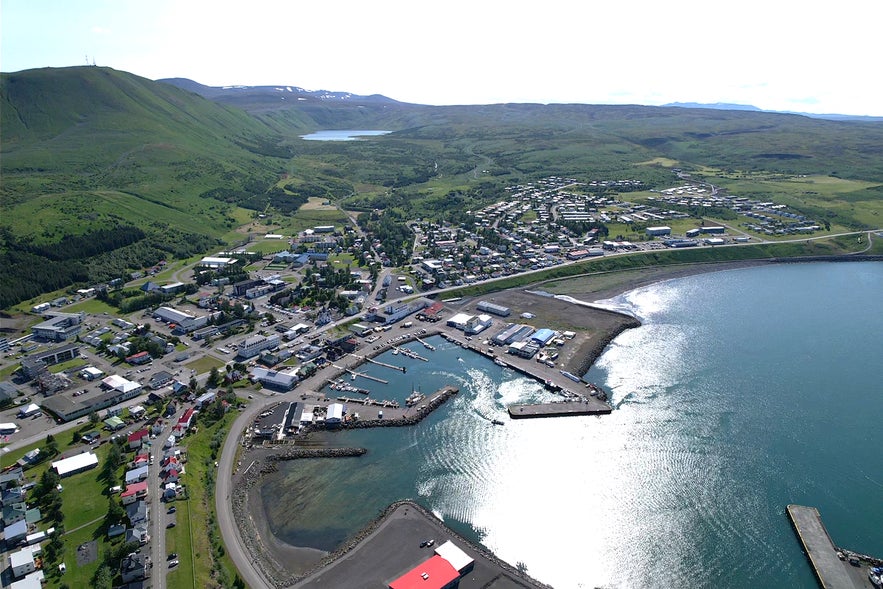 Husavik harbour and town as seen from above.