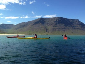 A group of adventurers kayaking in the Westfjords of Iceland.