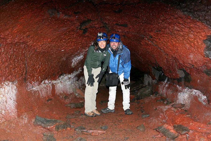 The colouration within Leiðarendi cave on the Reykjanes Peninsula is intense and bright due to the elements brought up in its formation.