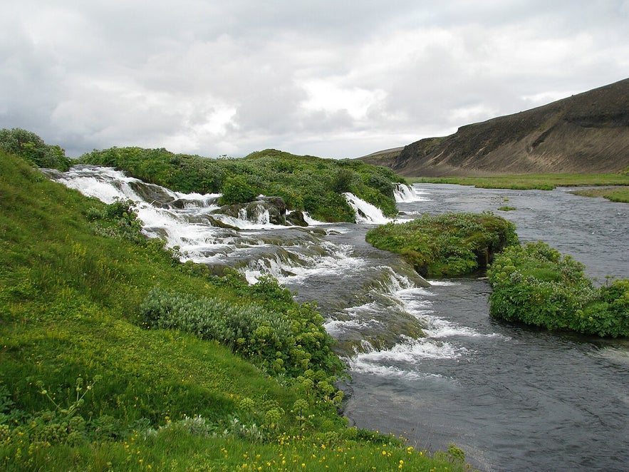 Fossabrekkur waterfalls in South Iceland during summer time.