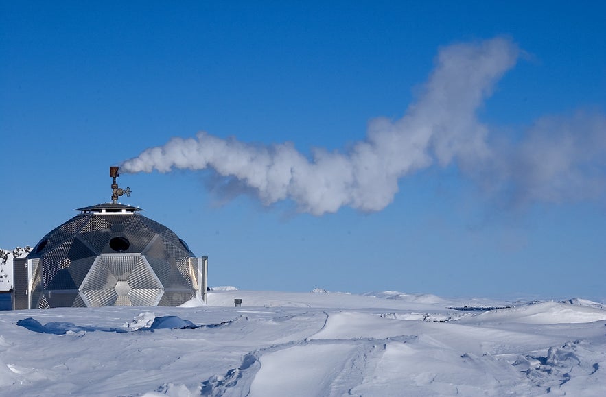 Water boreholes in Iceland are located in small rounded buildings