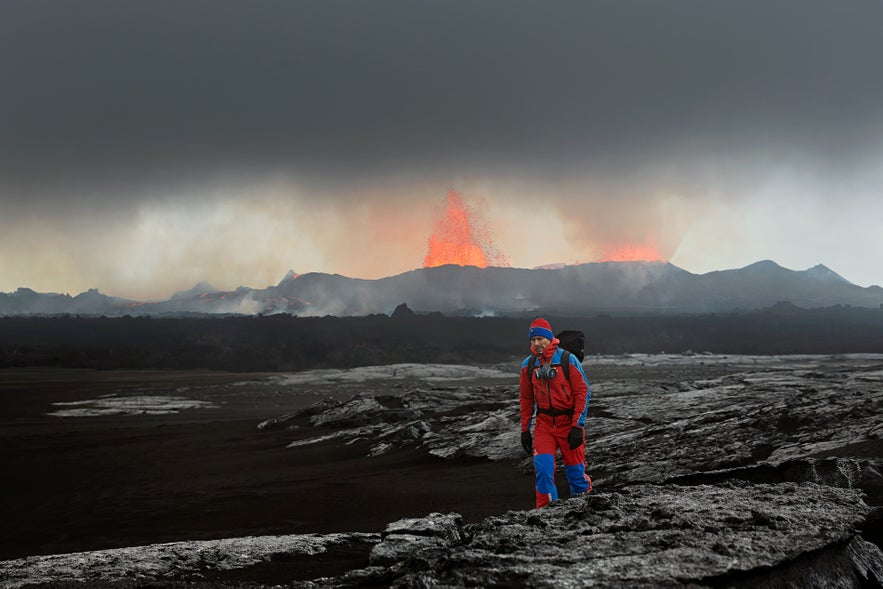 A member of Landsbjörg, a search and rescue team in Iceland, at Holuhraun volcano in 2014