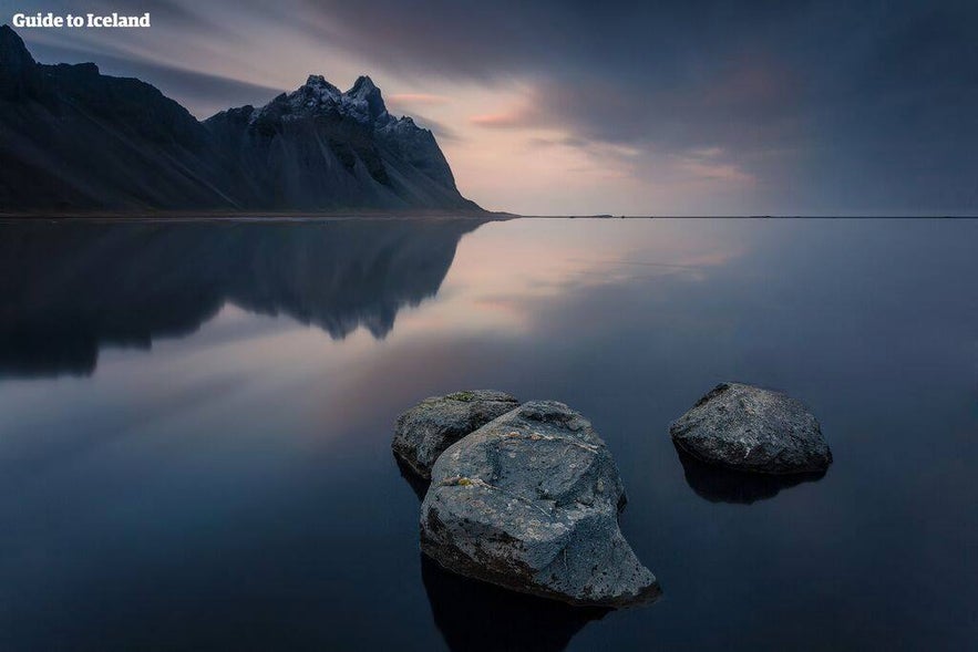 The mountain Vestrahorn between fjords Skardsfjordur and Papafjordur