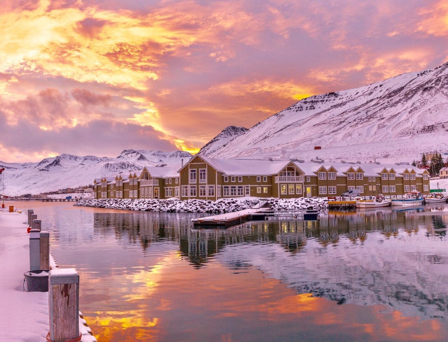 Siglo Hotel overlooks the Siglufjordur marina.