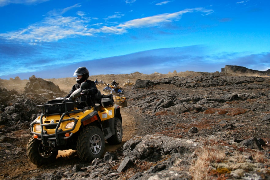 ATV riders explore lava fields near Grindavik, close to the Bridge Between Continents on Iceland’s Reykjanes Peninsula.