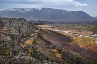 The Almannagjá gorge in south Iceland, part of Þingvellir National Park, wrapped in its fall colours.