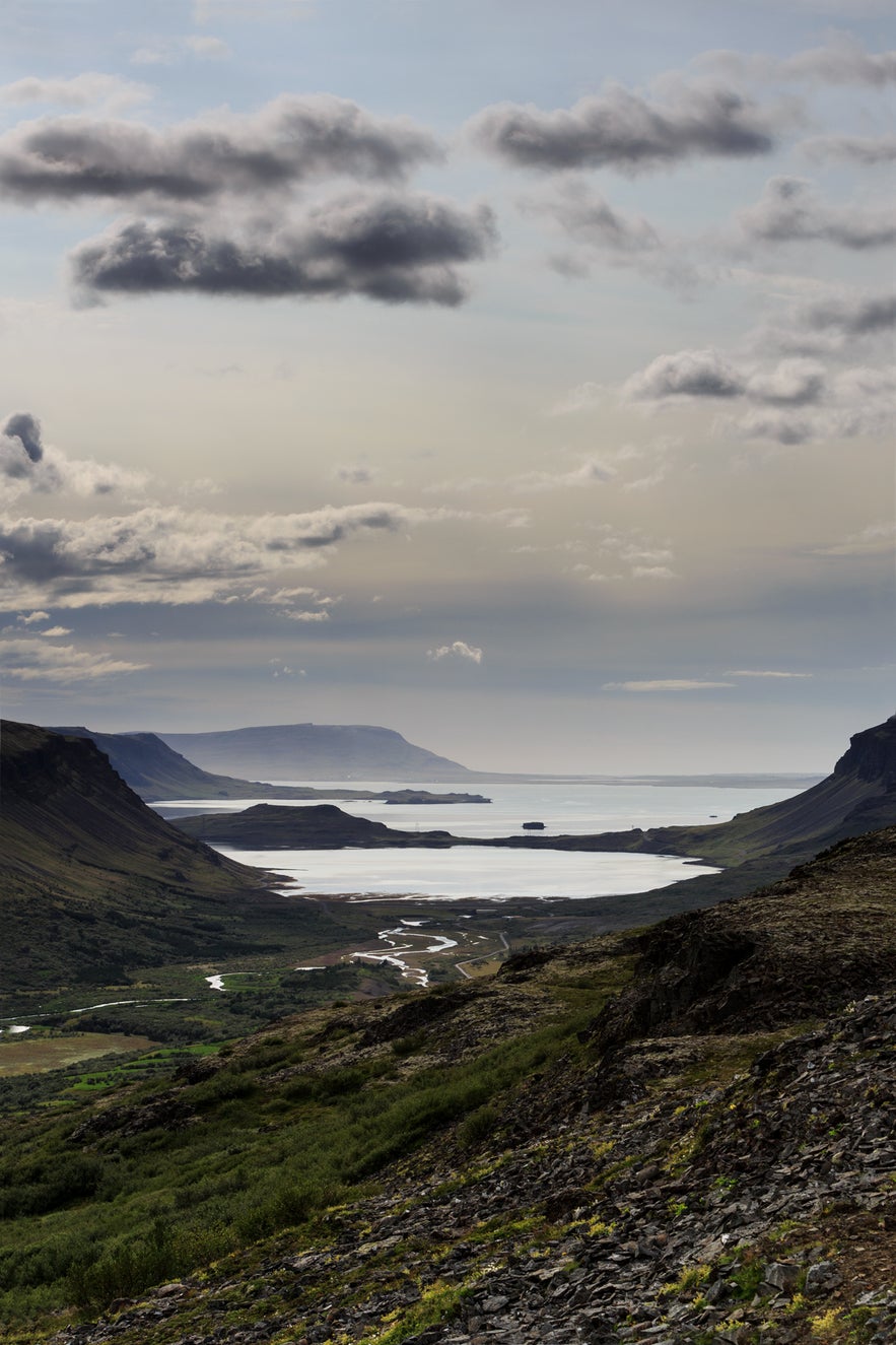 The view from the waterfall Glymur from the bottom of the fjord out to sea.