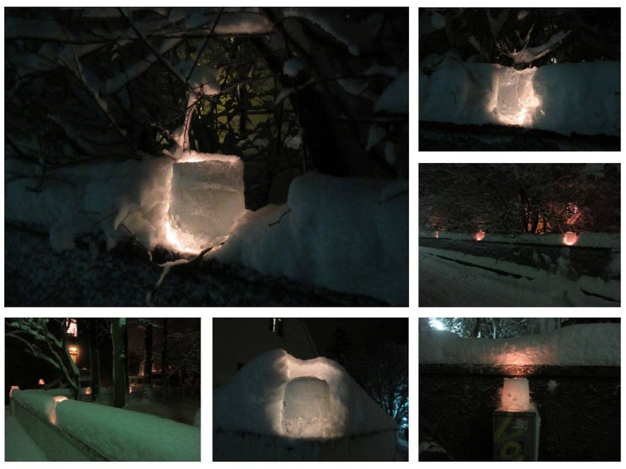 Snow and ice lanterns on Sjafnargata in Reykjavík