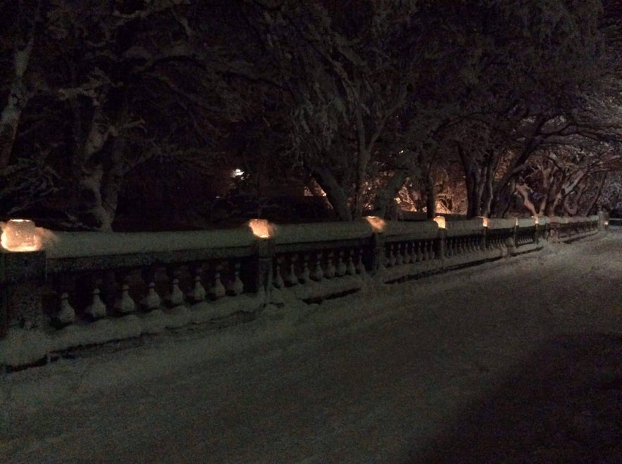 Snow lanterns on Sjafnargata in Reykjavík