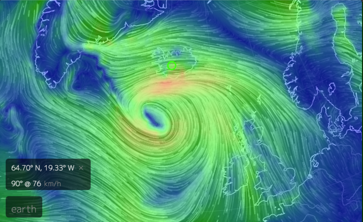 Weather map for storm in Iceland in December