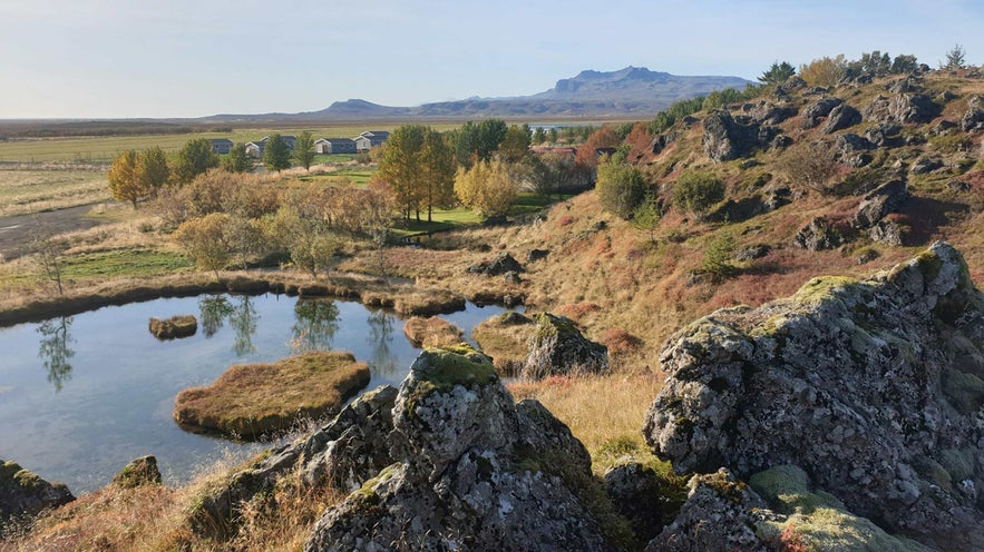 The surroundings of Midhraun Lava Resort are gorgeous volcanic formations.