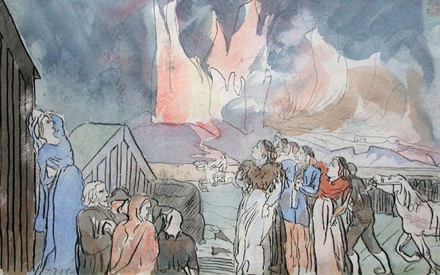 Historic watercolor painting of Icelanders witnessing a volcanic eruption, capturing emotional reactions to a natural disaster, featured in an article on Iceland's volcanic history and its impact on local communities and environment. Historic watercolor painting of Icelanders witnessing a volcanic eruption, capturing emotional reactions to a natural disaster, featured in an article on Iceland's volcanic history and its impact on local communities and environment.