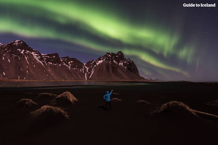 Northern lights over Vestrahorn in east Iceland
