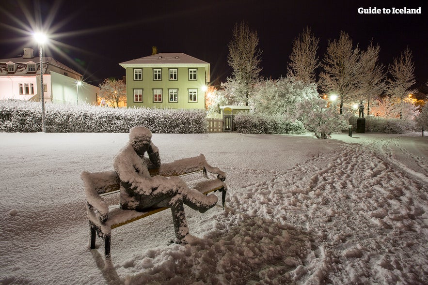 Een sneeuwlandschap bij de vijver van Reykjavik in december