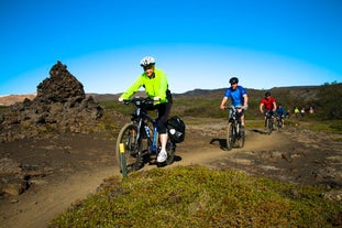 Gasten rijden op fat tire mountainbikes door het Noord-IJslandse landschap tijdens deze fietstocht langs het Myvatn-meer.