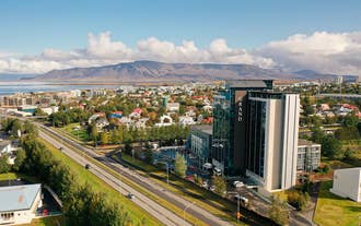 An aerial shot from across the Hotel Reykjavik Grand.