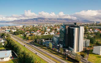 An aerial shot from across the Hotel Reykjavik Grand.