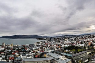 An aerial view of Reykjavik, its coastline, and a nearby mountain.