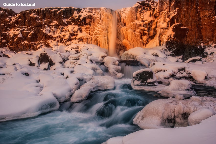 Öxarárfoss at Þingvellir national park during wintertime