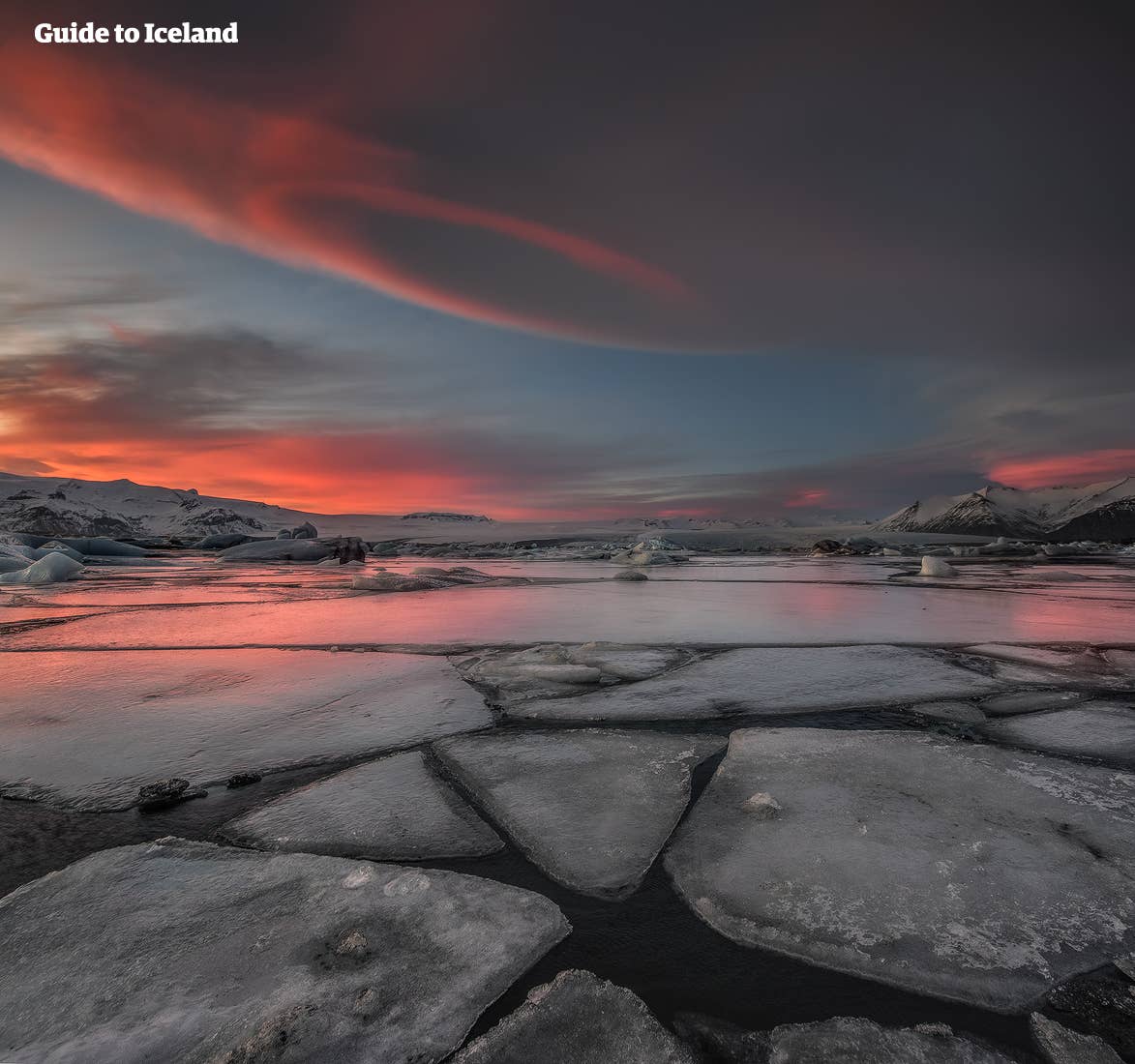 Icy lagoon bathed in a tinted rose colour at Jökulsárlón