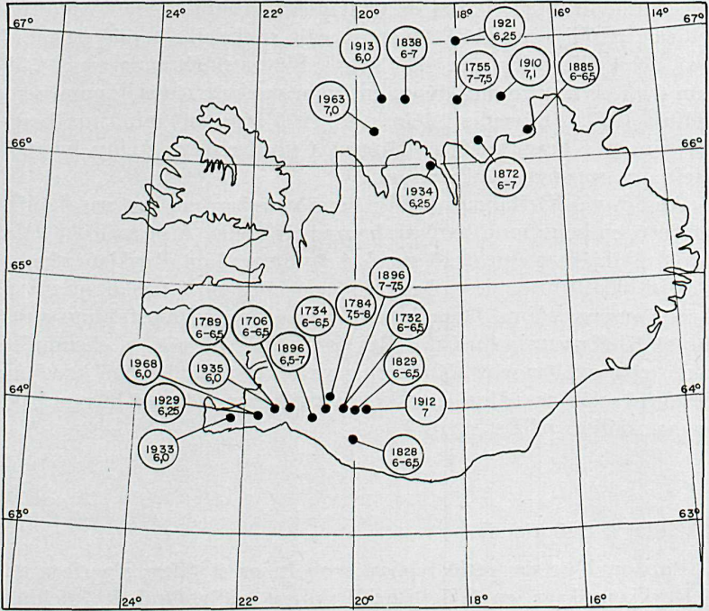 Map showing historical earthquake locations and magnitudes in Iceland from 1700 to 1968, highlighting seismic activity in the South Iceland Seismic Zone and northern regions, used in an article about Iceland’s earthquake history and tectonic plate movements.