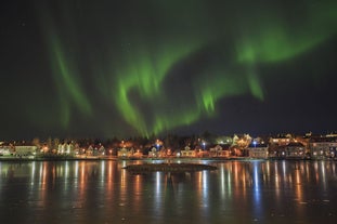 Revontulet Reykjavikin kaupungin lammen yllä.