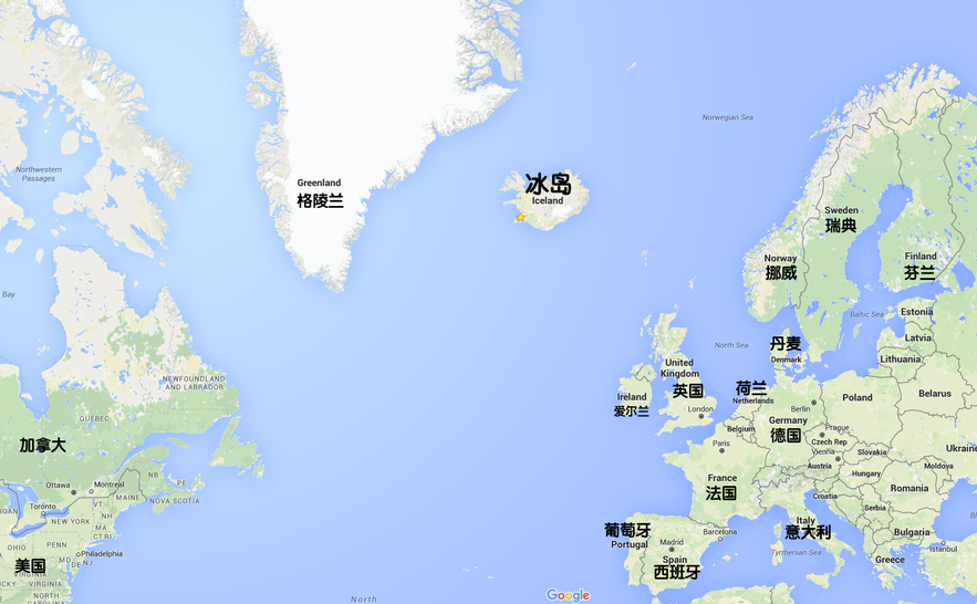 冰岛的地理位置位于大西洋上，居于欧洲与美洲中央。