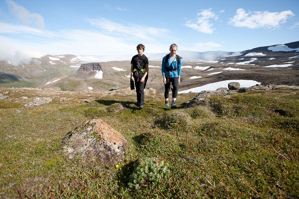 Twee mensen wandelen door het natuurreservaat Hornstrandir tijdens een trektocht in de Westfjorden.