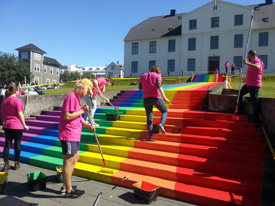 Gay Pride rainbow paint at the staircase of Iceland's oldest college