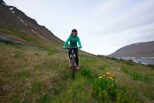 Une personne roule à vélo en direction de l'appareil photo dans les fjords de l'Ouest, près d'Isafjordur.