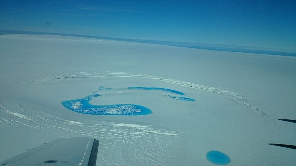 Bodies of meltwater on top of the Vatnajokull glacier in the Highlands of Iceland.