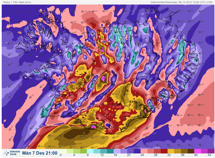 Weather map for one of Iceland's stormy days in 2015