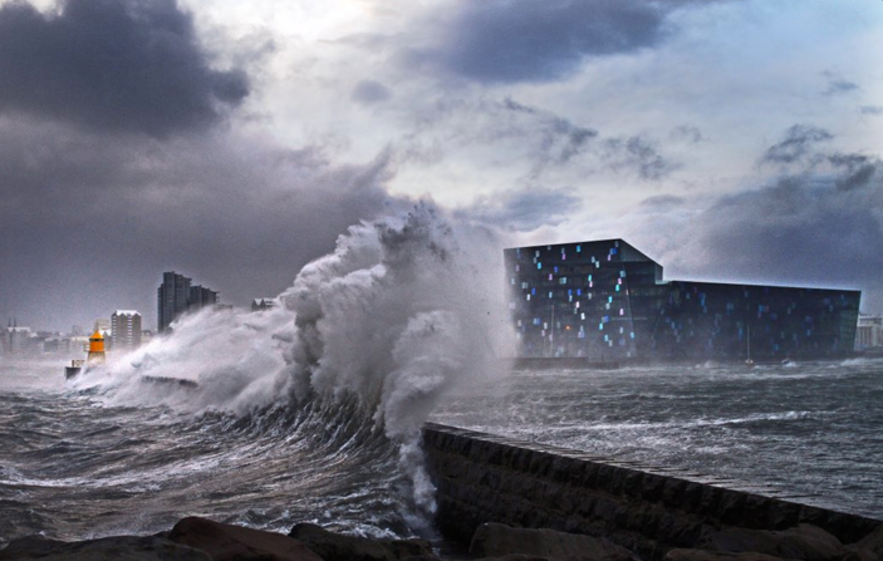 Storm by Harpa concert hall, picture from Harpa's twitter feed