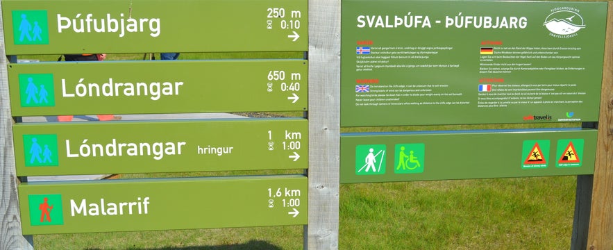 The information sign for Lóndrangar and Þúfubjarg