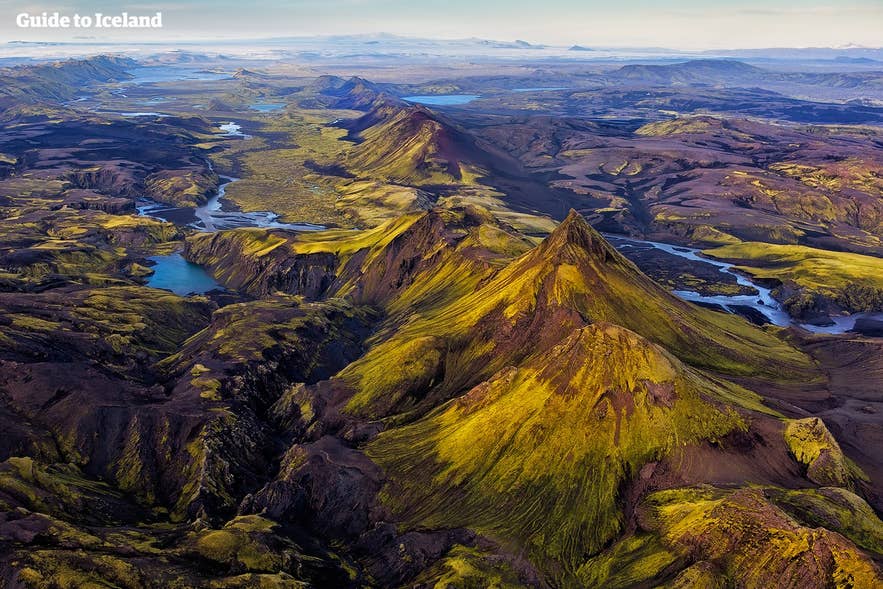 Aerial view of the Fjallabak Highlands near Landmannalaugar in Iceland, a remote volcanic landscape popular for backpacking in Iceland.