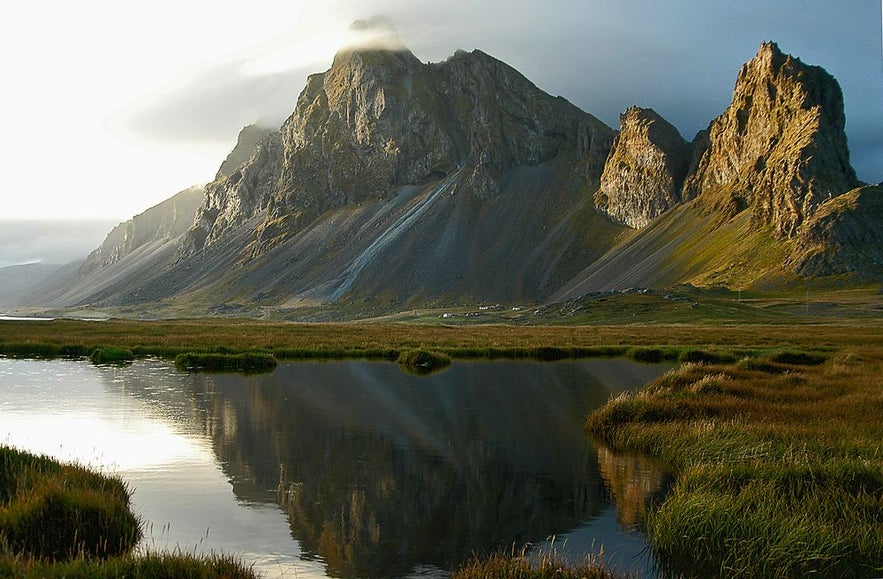 Reflection of Eystrahorn mountain in east Iceland