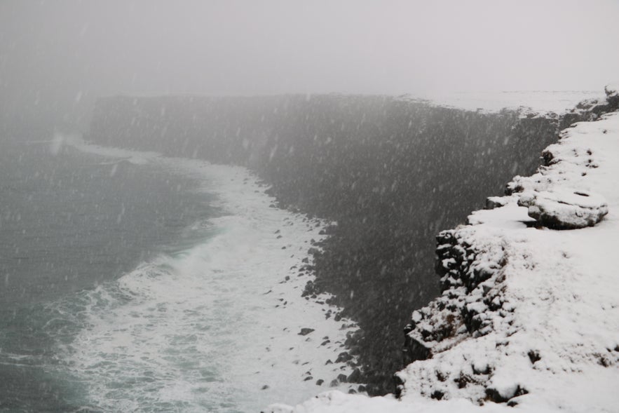 Krýsuvíkurbjarg on a snowy day in Iceland, as we saw it.