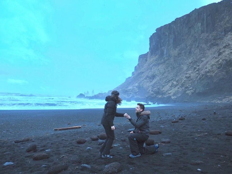 Marriage proposal at Reynisfjara black sand beach