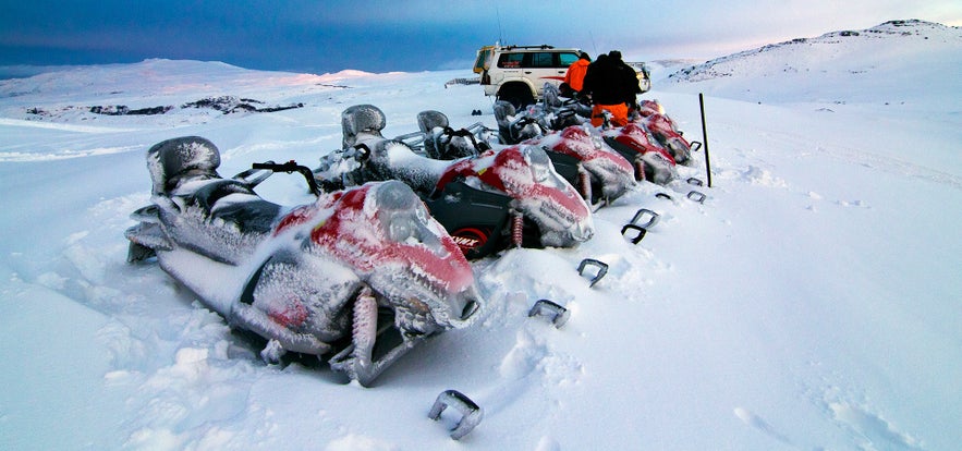 Snowmobiling on Myrdalsjokull glacier in Iceland